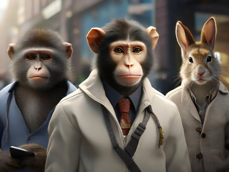 Monkey and rabbit in the city. Animal theme. 3d renderingの素材