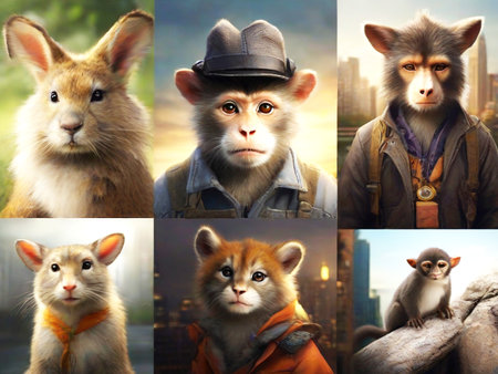 Funny animal portraits on the background of the city. Collage.の素材
