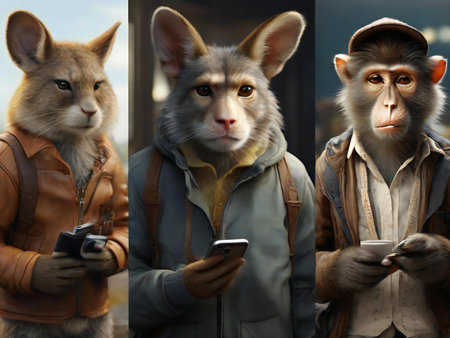 Collage of photos of a monkey in a jacket and a capの素材