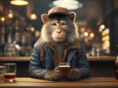 Monkey with glass of whiskey in pub. Animal in hat and jacketの素材