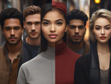 Collage of young men and women posing in the city. Men's beauty, fashion.の素材