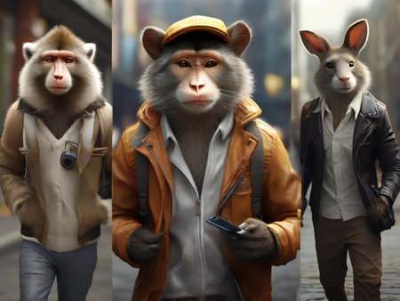 Monkey in a coat and a cap with a phone in the cityの素材