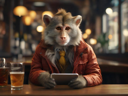 Portrait of a monkey sitting in a pub and holding a tabletの素材