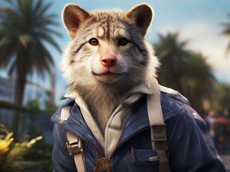 Portrait of a husky dog on the background of palm treesの素材