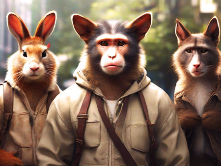 Portrait of a group of monkeys in front of the camera.の素材