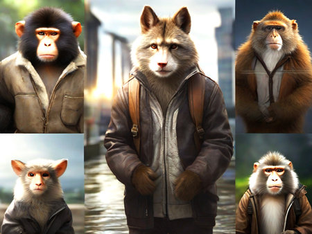 Monkey in the rain. Collage of monkey in rain.の素材