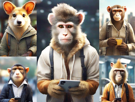 Monkey and monkey in the city. Collage of pictures.の素材