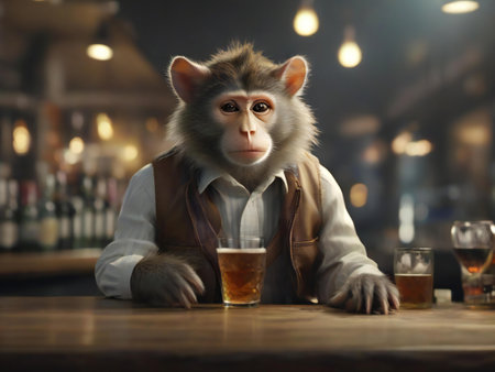 Monkey with a glass of beer in a pub or restaurant.の素材