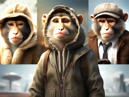 Monkey in a winter jacket and a cap. Collage.の素材