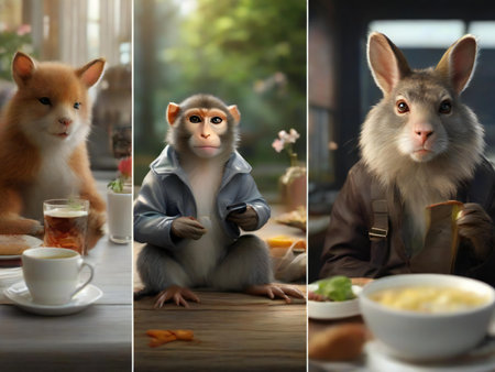 Collage of cute little monkey and monkey sitting at table in cafeの素材