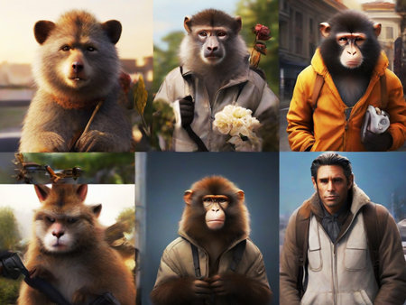 Collage of photos of monkeys in the city. Collage of pictures of animals.の素材