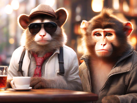 Portrait of two monkeys sitting at a table in a cafe.の素材