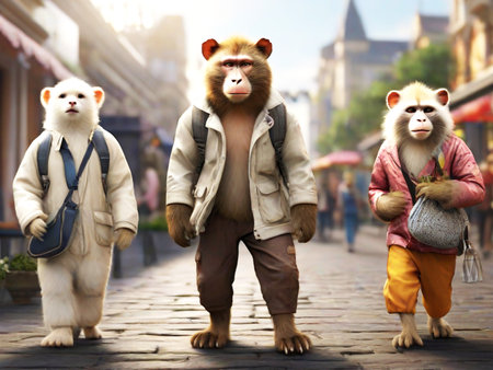 Monkey walking on the street. Monkey walking on the street.の素材