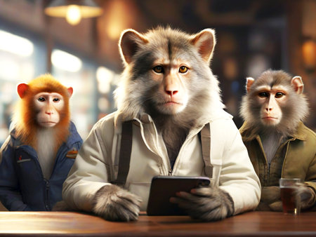 Group of monkeys sitting at the table and using a tablet in cafeの素材