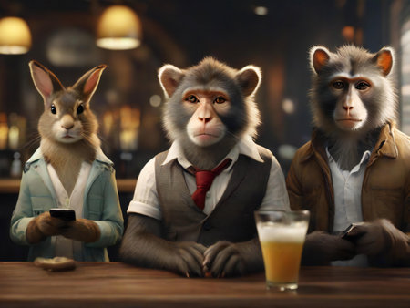 Group of monkeys in a bar drinking beer and looking at the cameraの素材