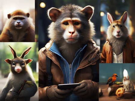 Collage of monkey with a mobile phone in his hands. Animal portrait.の素材