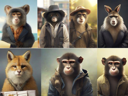 Collage of portraits of a monkey in a hat and a jacketの素材
