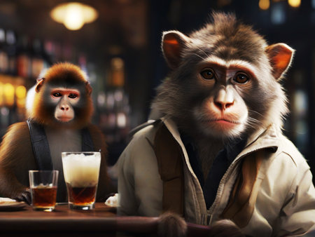 Portrait of a monkey sitting in a pub and looking at the cameraの素材