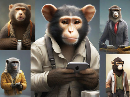 Monkey in front of a mobile phone in a collage.の素材