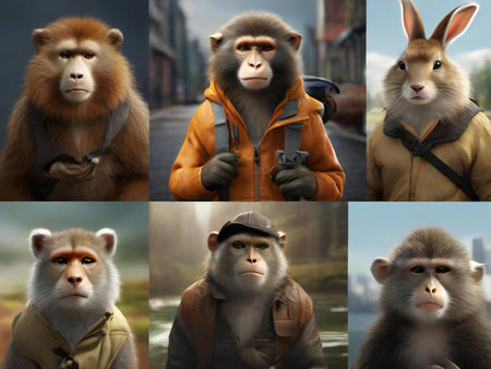 Collage of monkey in different poses. Portrait of monkey.の素材