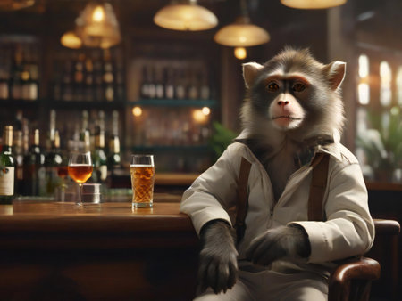Portrait of a monkey sitting in a pub and drinking whiskey.の素材