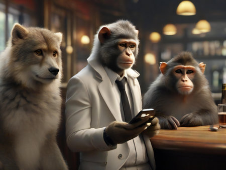 Monkey and monkey in a bar with a phone in his handの素材