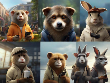 Collage of portraits of animals in the city. Funny animal portraits.の素材