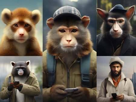 Monkey collage. Portrait of a monkey in a cap and jacket.の素材