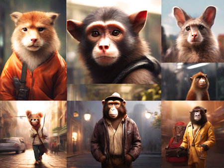A collage of portraits of monkeys on the streets of the cityの素材