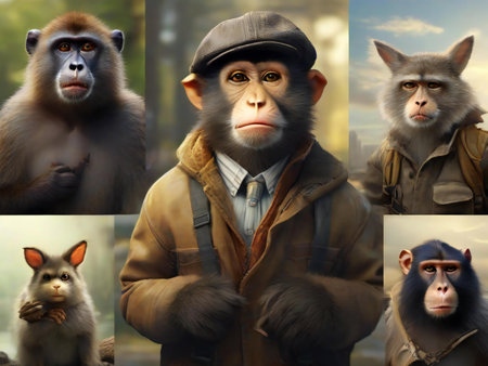 Monkey collage. Portrait of a monkey in a hat.の素材