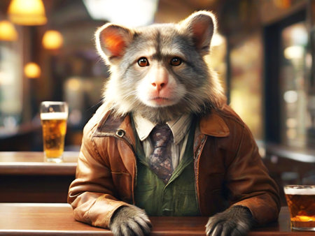 Alaskan Malamute sits in a pub and drinks beerの素材