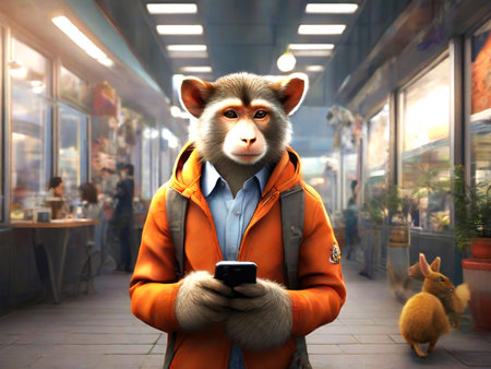 A monkey in a coat with a phone in his hand in the cityの素材