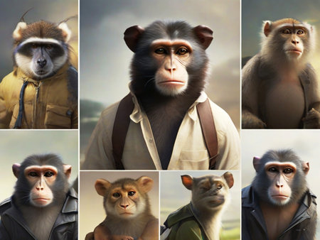 Collage of monkeys in different poses and situations. Collage.の素材