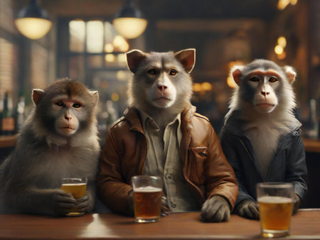 Portrait of a group of monkeys sitting in a pub and drinking beerの素材