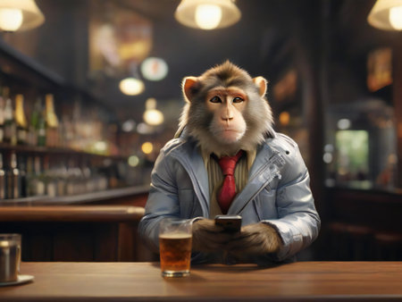 Monkey in a pub with a glass of beer and a smartphoneの素材