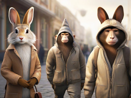 Group of rabbits on the street in the city. 3d renderingの素材