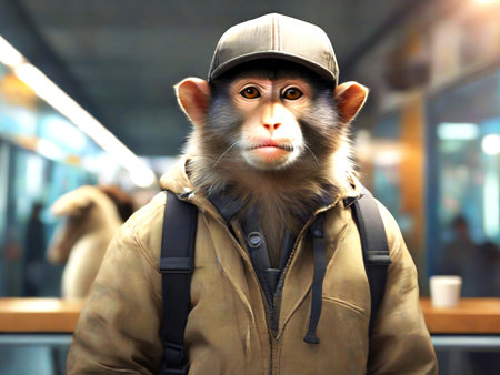 Portrait of a monkey on the background of a train station.の素材