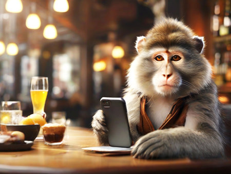 Portrait of a cute monkey with a mobile phone in a cafeの素材