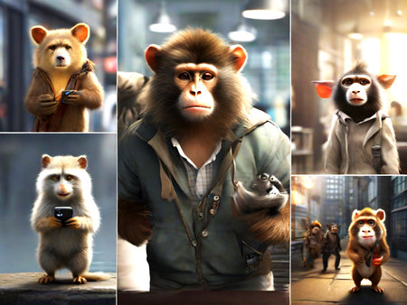 Monkey in the city. Collage of different wild animals.の素材