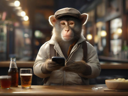 Funny monkey with mobile phone in hands sitting at table in pubの素材