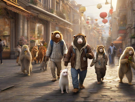 Group of monkeys walking in Krakow, Polandの素材