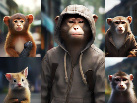 Collage of monkeys in a hooded sweatshirt on the streetの素材