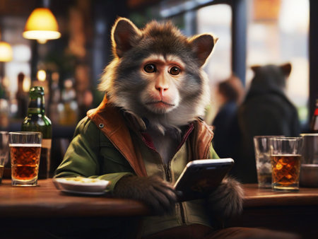 Alaskan Malamute sitting in a pub and using smartphoneの素材