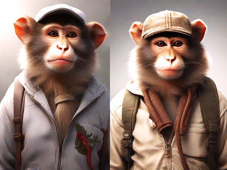 Monkey in a cap on a white background. Collage.の素材