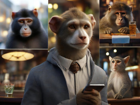 Collage of monkeys and a man with a phone in a cafeの素材