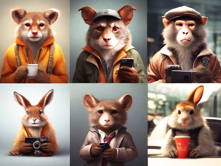 Collage of cute animals in different poses and situations. Studio shot.の素材