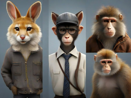 Collage of monkeys dressed up as avatars. Studio shot.の素材