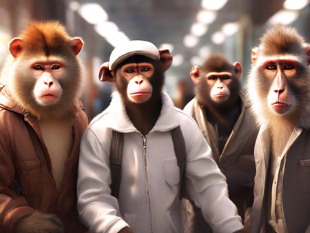 A group of monkeys in a city street. Shallow depth of field.の素材