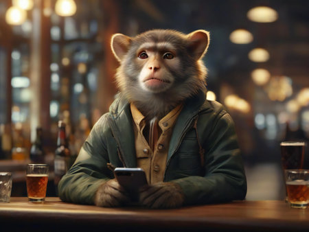 Portrait of a monkey sitting in a pub and drinking beer.の素材