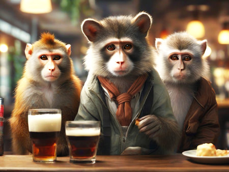Monkey and beer in a pub. Animal in a cafe.の素材